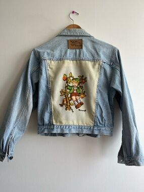 Vintage Embroidered Patch Upcycled Denim Jacket Size Small Oversized